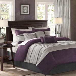 Madison Park Palmer Comforter Set-Luxury Faux Suede Design, Striped Accent, All Season Down Alternative Bedding, Matching Shams, Decorative Pillow, Bed Skirt, Queen (90 in x 90 in), Red 7 Piece(Purple)
