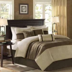 Madison Park Palmer Comforter Set-Luxury Faux Suede Design, Striped Accent, All Season Down Alternative Bedding, Matching Shams, Decorative Pillow, Bed Skirt, Queen (90 in x 90 in), Red 7 Piece(Natural)
