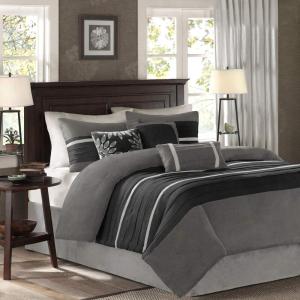 Madison Park Palmer Comforter Set-Luxury Faux Suede Design, Striped Accent, All Season Down Alternative Bedding, Matching Shams, Decorative Pillow, Bed Skirt, Queen (90 in x 90 in), Red 7 Piece(Black)