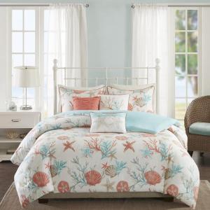 Madison Park Pebble Beach Cotton Duvet Set – Coastal, Starfish, Sealife Design, All Season, Breathable Comforter Cover Bedding, Matching Shams, Decorative Pillows, Coral Full/Queen(90″x90″) 6 Piece(Coral)