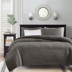 Madison Park Quebec Quilt Set – Luxurious Damask Stitching Design, Cotton Filled Lightweight Coverlet Bedspread Bedding, Shams, Full/Queen(90″x90″), Cream 3 Piece(Dark Grey)