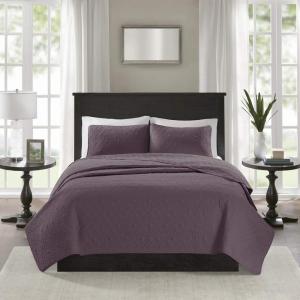 Madison Park Quebec Quilt Set – Luxurious Damask Stitching Design, Cotton Filled Lightweight Coverlet Bedspread Bedding, Shams, Full/Queen(90″x90″), Cream 3 Piece(Purple)