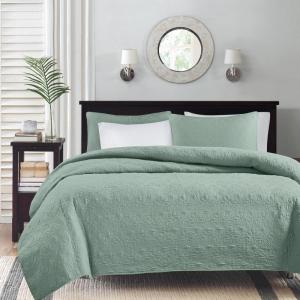 Madison Park Quebec Quilt Set – Luxurious Damask Stitching Design, Cotton Filled Lightweight Coverlet Bedspread Bedding, Shams, Full/Queen(90″x90″), Cream 3 Piece(Seafoam)