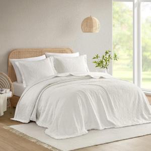 Madison Park Queen Bedspread Oversized Chenille Floral Bespread with Fringes, Bedding Set Cozy Quilt, All Season Lightweight Soft Bedspread, Willow, Queen Sage 3 Piece(White)