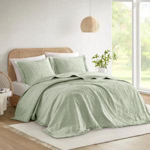 Madison Park Queen Bedspread Oversized Chenille Floral Bespread with Fringes, Bedding Set Cozy Quilt, All Season Lightweight Soft Bedspread, Willow, Queen Sage 3 Piece(Sage)