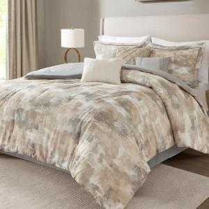 Madison Park Queen Comforter Set, Abstract Print with Luxurious Texture, Fluffy Queen Bedding Sets, All Season Down Alternative Cotton Blend Queen Bed Set with Bedskirt & Décor Pillows, Gray 7 Piece(King)