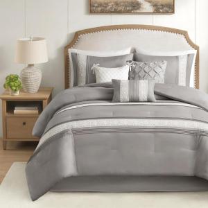 Madison Park Queen Comforter Set, Farmhouse Queen Comforter, Lace & Pintuck Design, Down Alternative, All Season Bedding Set, Bed Skirt, Shams & Decor Pillows, Lacey, Queen, Grey 7 Piece(Grey)