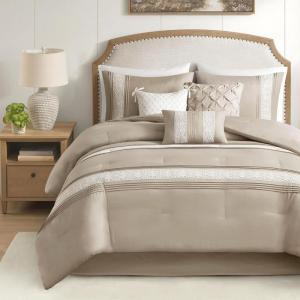 Madison Park Queen Comforter Set, Farmhouse Queen Comforter, Lace & Pintuck Design, Down Alternative, All Season Bedding Set, Bed Skirt, Shams & Decor Pillows, Lacey, Queen, Grey 7 Piece(Taupe)