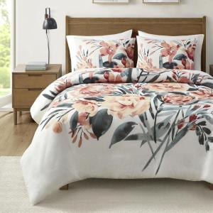 Madison Park Queen Duvet Cover Set, Floral Duvet Cover for Queen Size Bed Natural & Soft Cotton, Modern Shabby Chic All Season Queen Bedding Cover, Shams, Dahlia, Full/Queen, Peach/Off-White 3 Piece(Peach/Off-white)