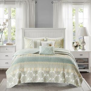 Madison Park Queen Quilt Set Cotton Coverlet Set with Cotton Filling for Queen Size Bed, All Season, Lightweight Queen Cotton Quilt Include Shams, & Décor Pillows, Dawn, Full/Queen Sage Green 6 Piece(Green)