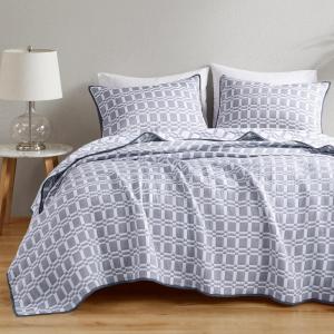 Madison Park Queen Quilt Set Matelasse Reversible Quilt Set 2 Colors in 1, Chic Geometric Pattern, Casual Lightweight Coverlet Bedspread, All Seasons Bedding, Sham, Harlow, Full/Queen Grey 3 Piece(Grey)