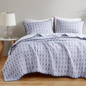 Madison Park Queen Quilt Set Matelasse Reversible Quilt Set 2 Colors in 1, Chic Geometric Pattern, Casual Lightweight Coverlet Bedspread, All Seasons Bedding, Sham, Harlow, Full/Queen Grey 3 Piece(Indigo)