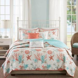 Madison Park Quilt Set Cottage Coastal Design, Starfish Print – All Season, Coverlet Bedspread Lightweight Bedding Layer, Shams, Toss Pillows, Full/Queen(90″x90″), Bayside Blue/Ivory 6 Piece(Coral Multi)