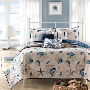 Madison Park Quilt Set Cottage Coastal Design, Starfish Print – All Season, Coverlet Bedspread Lightweight Bedding Layer, Shams, Toss Pillows, Full/Queen(90″x90″), Bayside Blue/Ivory 6 Piece(Blue/Ivory  Bayside)