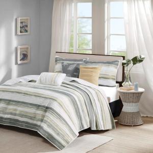 Madison Park Quilt Set Cottage Coastal Design, Starfish Print – All Season, Coverlet Bedspread Lightweight Bedding Layer, Shams, Toss Pillows, Full/Queen(90″x90″), Bayside Blue/Ivory 6 Piece(Yellow/Grey)
