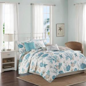 Madison Park Quilt Set Cottage Coastal Design, Starfish Print – All Season, Coverlet Bedspread Lightweight Bedding Layer, Shams, Toss Pillows, Full/Queen(90″x90″), Bayside Blue/Ivory 6 Piece(Aqua Multi)