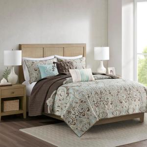 Madison Park Quilt Traditional Damask Design All Season, Lightweight Coverlet Bedspread Bedding Set, Matching Shams, Pillows, Full/Queen(90″x90″), Navy/White 6 Piece(Brown/Blue)