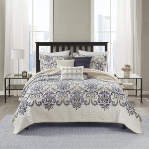 Madison Park Quilt Traditional Damask Design All Season, Lightweight Coverlet Bedspread Bedding Set, Matching Shams, Pillows, Full/Queen(90″x90″), Navy/White 6 Piece(Navy Blue)