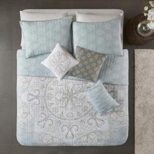 Madison Park Quilt Traditional Damask Design All Season, Lightweight Coverlet Bedspread Bedding Set, Matching Shams, Pillows, Full/Queen(90″x90″), Navy/White 6 Piece(Seafoam)