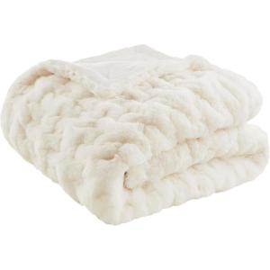 Madison Park Ruched Fur Luxury Throw Premium Soft Cozy Brushed Long Faux Fur For Bed, Couch or Sofa , 50×60″ , Ivory(Ivory)