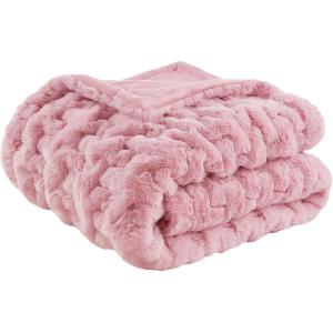 Madison Park Ruched Fur Luxury Throw Premium Soft Cozy Brushed Long Faux Fur For Bed, Couch or Sofa , 50×60″ , Ivory(Pink)