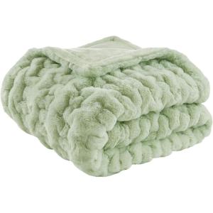 Madison Park Ruched Fur Luxury Throw Premium Soft Cozy Brushed Long Faux Fur For Bed, Couch or Sofa , 50×60″ , Ivory(Sage Green)