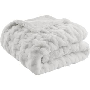 Madison Park Ruched Fur Luxury Throw Premium Soft Cozy Brushed Long Faux Fur For Bed, Couch or Sofa , 50×60″ , Ivory(Silver Grey)