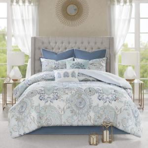 Madison Park Season Set, Matching Bed Skirt, Decorative-Pillows, Queen(90″x90″), Isla, Floral Medallion Blue 8 Piece(Blue)