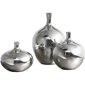 Madison Park Signature Ansen Ceramic Handmade Vase Set Home Décor – Metallic Accent Living Room Decoration Ideal for Shelf, Side Table, Mantle Ornaments, Multi Size, Bronze 3 Piece(Silver)
