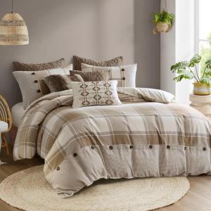 Madison Park Signature Cozy Comforter Set – All Season Bedding Combo Filled Insert and Removable Duvet Cover, Shams, Decorative Pillows, Plaid Brown/Black King (110 in x 96 in) 10 Piece(Neutral)