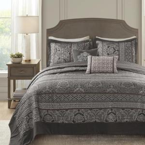 Madison Park Traditional Damask Design All Season, Lightweight Coverlet Bedspread Bedding Set, Matching Shams, Pillows, (102″x118″), Bellagio, Jacquard Grey, 5 Piece(Grey)