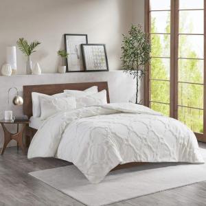 Madison Park Tufted Chenille 100% Cotton Duvet- Modern Luxe All Season Comforter Cover Bed Set with Matching Shams, Full/Queen(90″x90″), Palm Leaf Off White 3 Piece(Pacey  Ogee White)