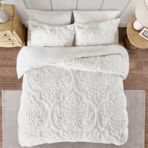 Madison Park Tufted Chenille 100% Cotton Duvet- Modern Luxe All Season Comforter Cover Bed Set with Matching Shams, Full/Queen(90″x90″), Palm Leaf Off White 3 Piece(Viola  Damask White)