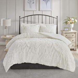 Madison Park Tufted Chenille Cotton Comforter, All Season Bedding Set, Matching Shams, Viola, Damask Off White King/Cal King(104″x92″) 3 Piece(Damask White)
