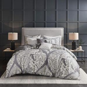 Madison Park Vienna Cotton Poly Blend Duvet Set – Classic Traditional Design, Cozy All Season Comforter Cover, Matching Shams, Decorative Pillows Vienna, Full/Queen(90″x90″), Indigo 6 Piece(Grey/White)