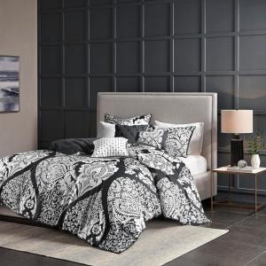 Madison Park Vienna Cotton Poly Blend Duvet Set – Classic Traditional Design, Cozy All Season Comforter Cover, Matching Shams, Decorative Pillows Vienna, Full/Queen(90″x90″), Indigo 6 Piece(Black/White)