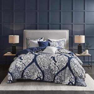 Madison Park Vienna Cotton Poly Blend Duvet Set – Classic Traditional Design, Cozy All Season Comforter Cover, Matching Shams, Decorative Pillows Vienna, Full/Queen(90″x90″), Indigo 6 Piece(Indigo/White)