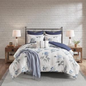 Madison Park Zennia Farmhouse Comforter Set with Throw-Blanket, Floral Print on Seersucker Textures, All Season Bedding, Matching Shams, Toss Pillows, King/Cal King(104″x92″), Blue 7 Piece(Zennia Blue)