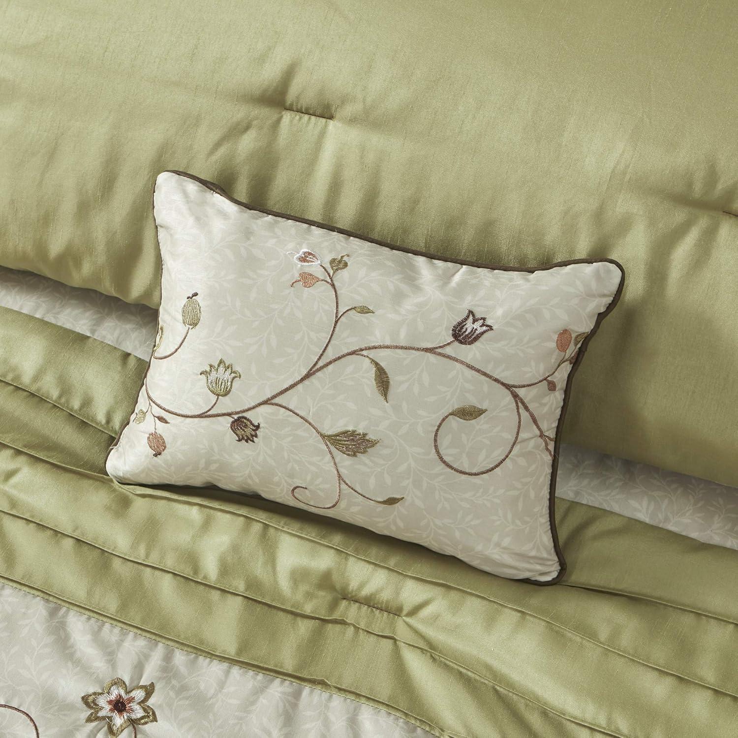 imageMadison Park Serene Faux Silk Comforter Set Floral Embroidery Design All Season Bedding Set Matching Bed Skirt Decorative Pillows Red Queen90quotx90quot 7 PieceGreen