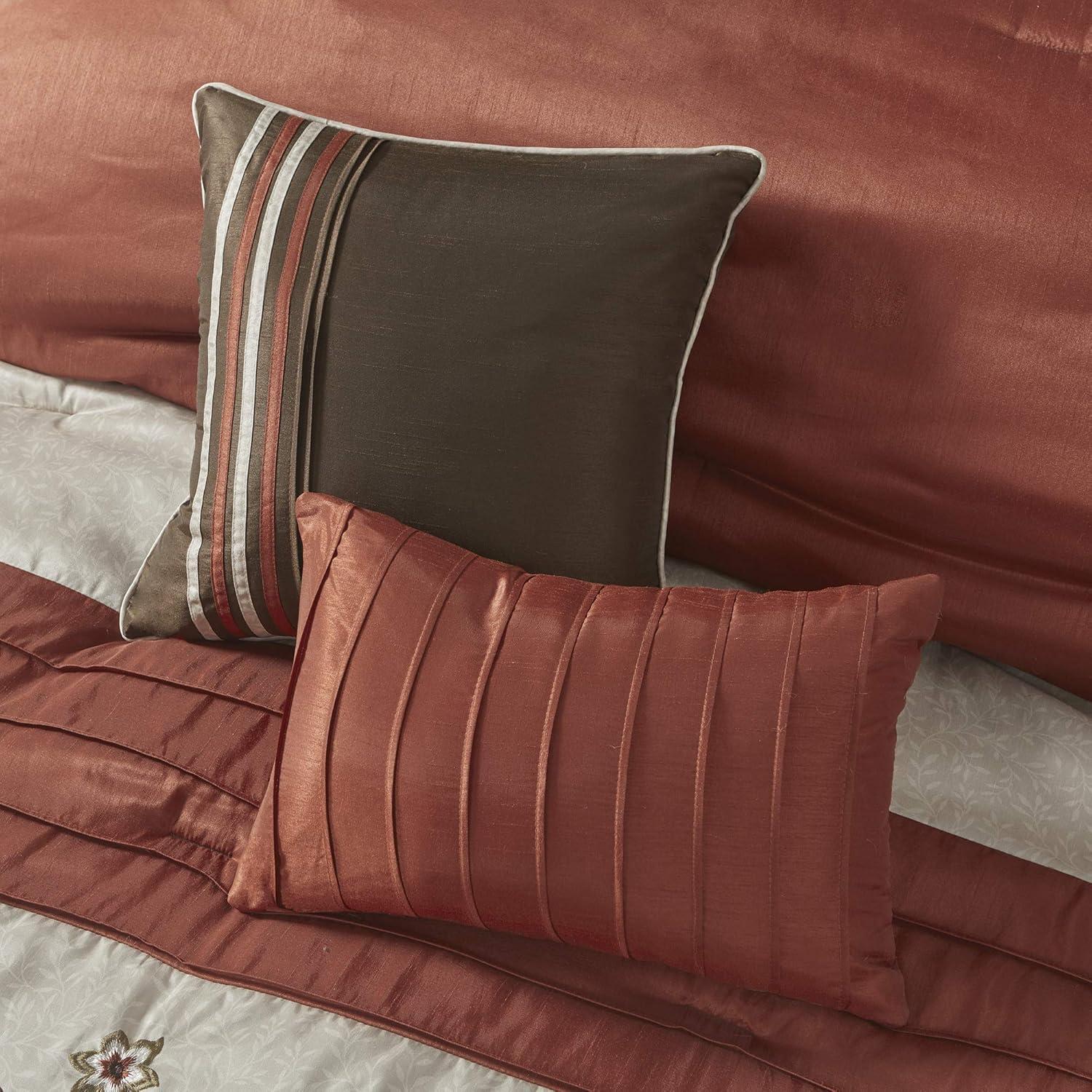 imageMadison Park Serene Faux Silk Comforter Set Floral Embroidery Design All Season Bedding Set Matching Bed Skirt Decorative Pillows Red Queen90quotx90quot 7 PieceSpice