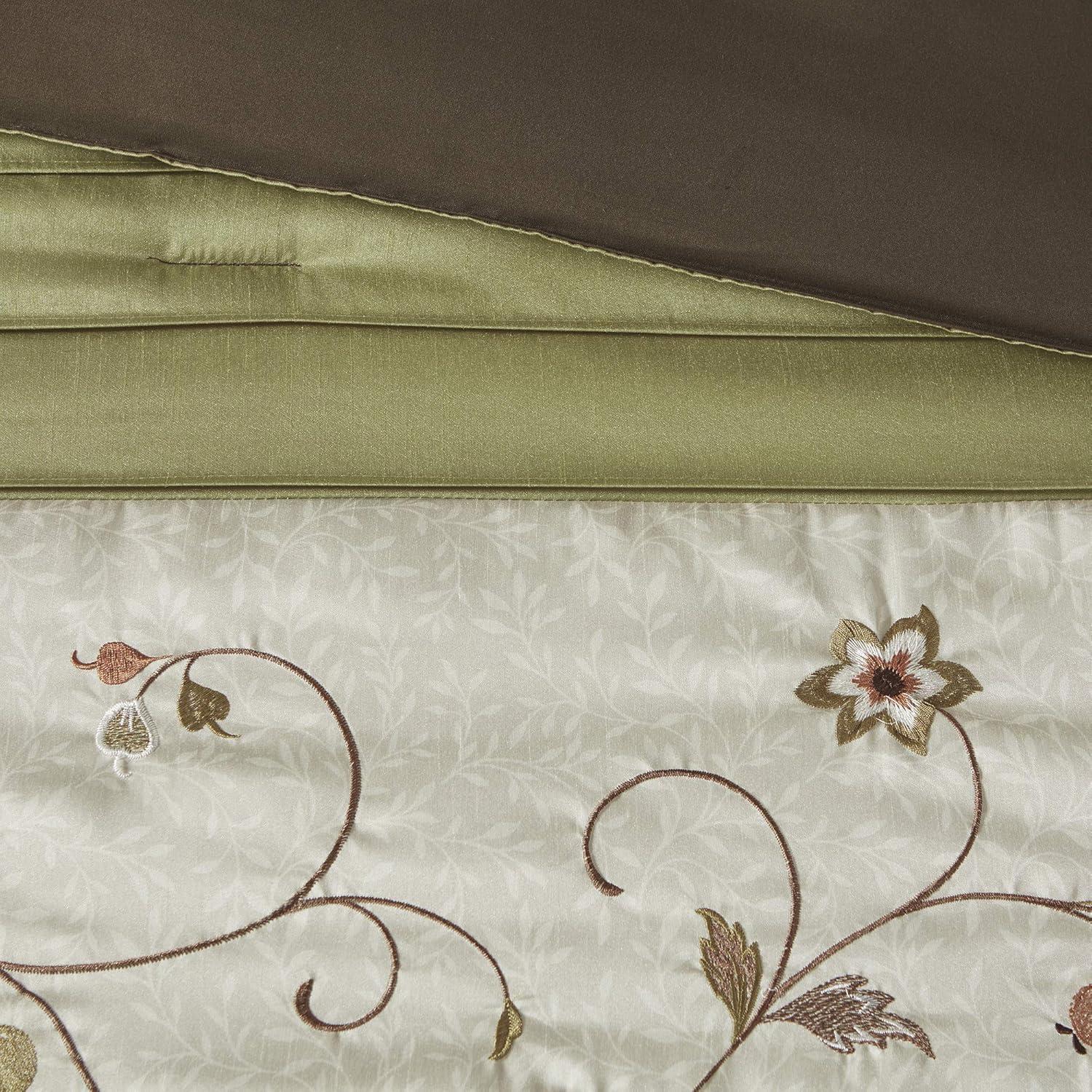 imageMadison Park Serene Faux Silk Comforter Set Floral Embroidery Design All Season Bedding Set Matching Bed Skirt Decorative Pillows Red Queen90quotx90quot 7 PieceGreen