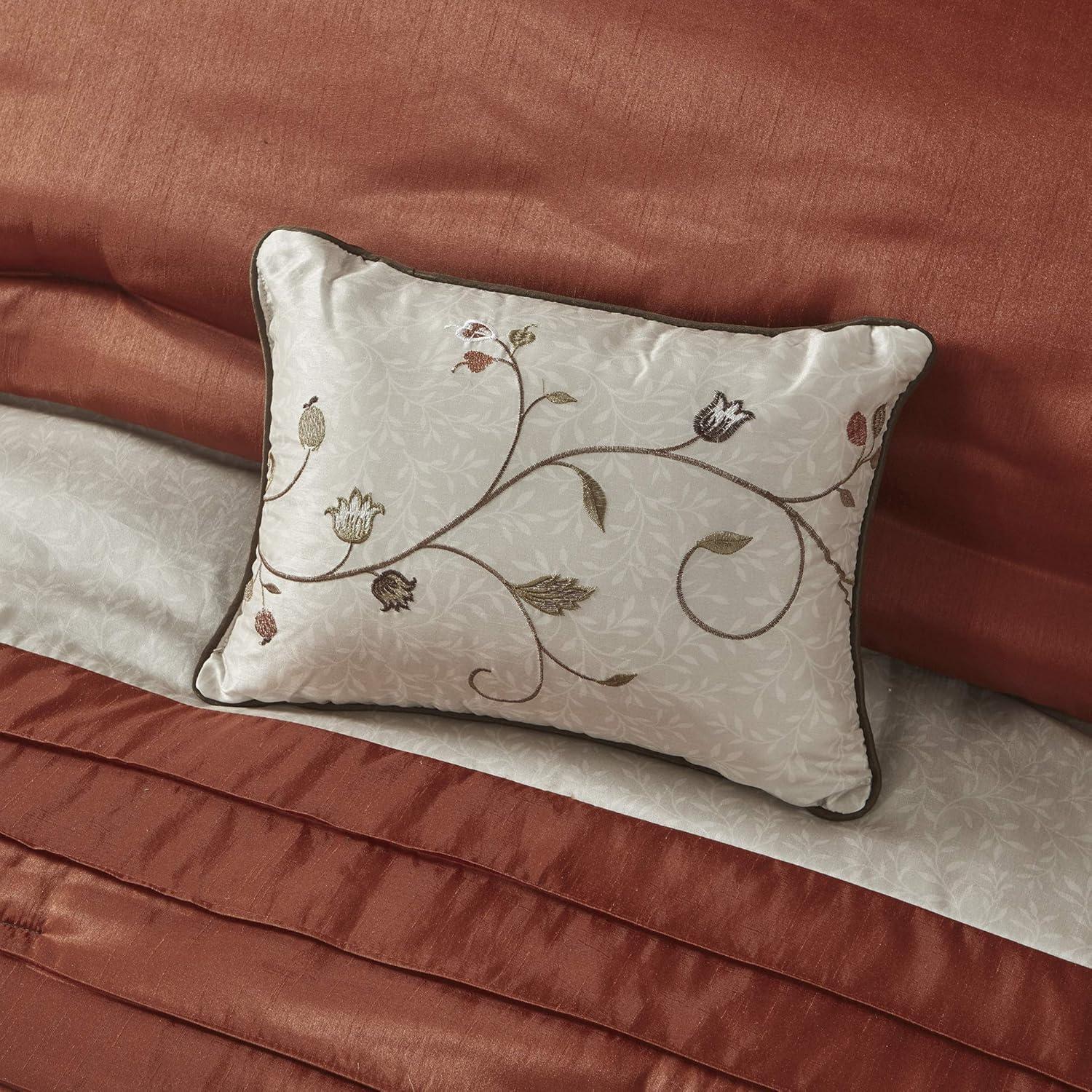 imageMadison Park Serene Faux Silk Comforter Set Floral Embroidery Design All Season Bedding Set Matching Bed Skirt Decorative Pillows Red Queen90quotx90quot 7 PieceSpice