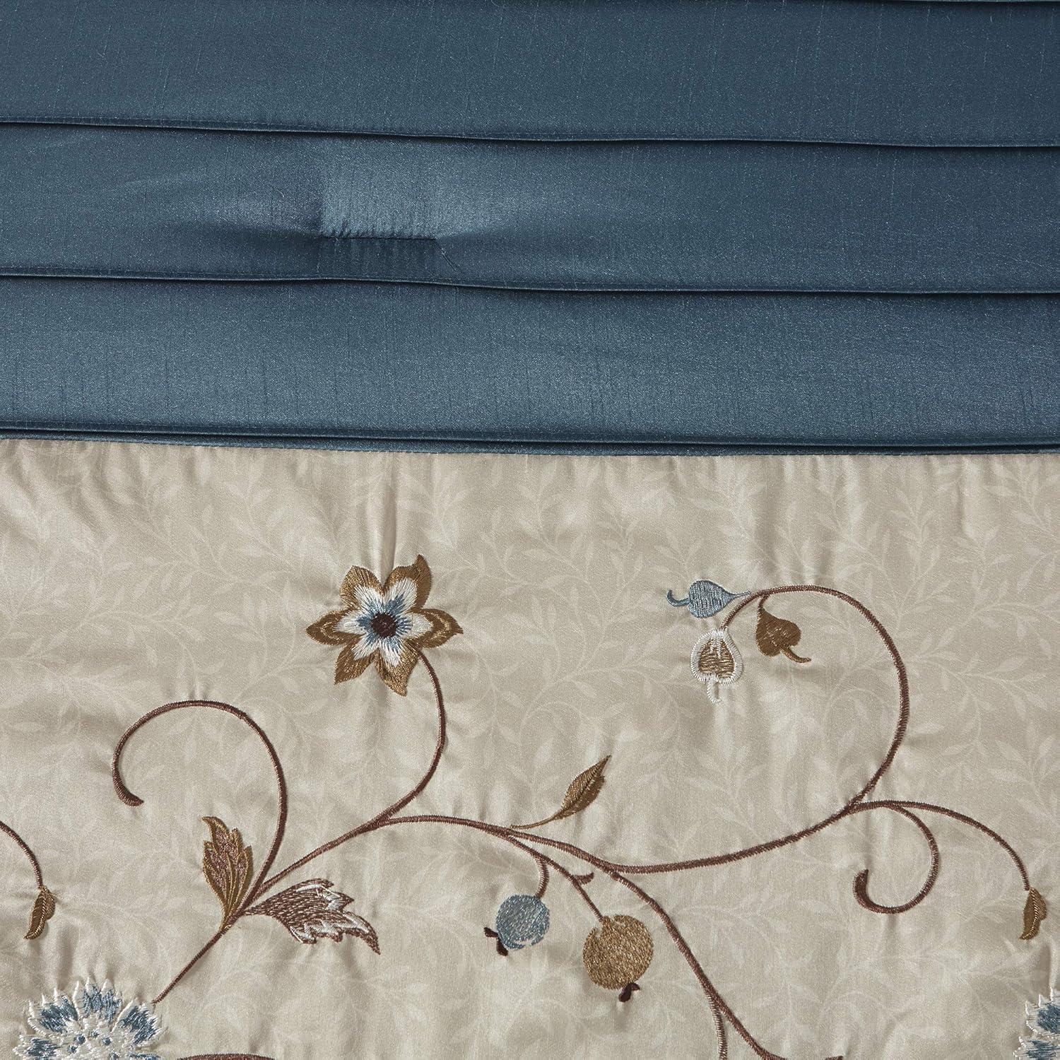 imageMadison Park Serene Faux Silk Comforter Set Floral Embroidery Design All Season Bedding Set Matching Bed Skirt Decorative Pillows Red Queen90quotx90quot 7 PieceNavy