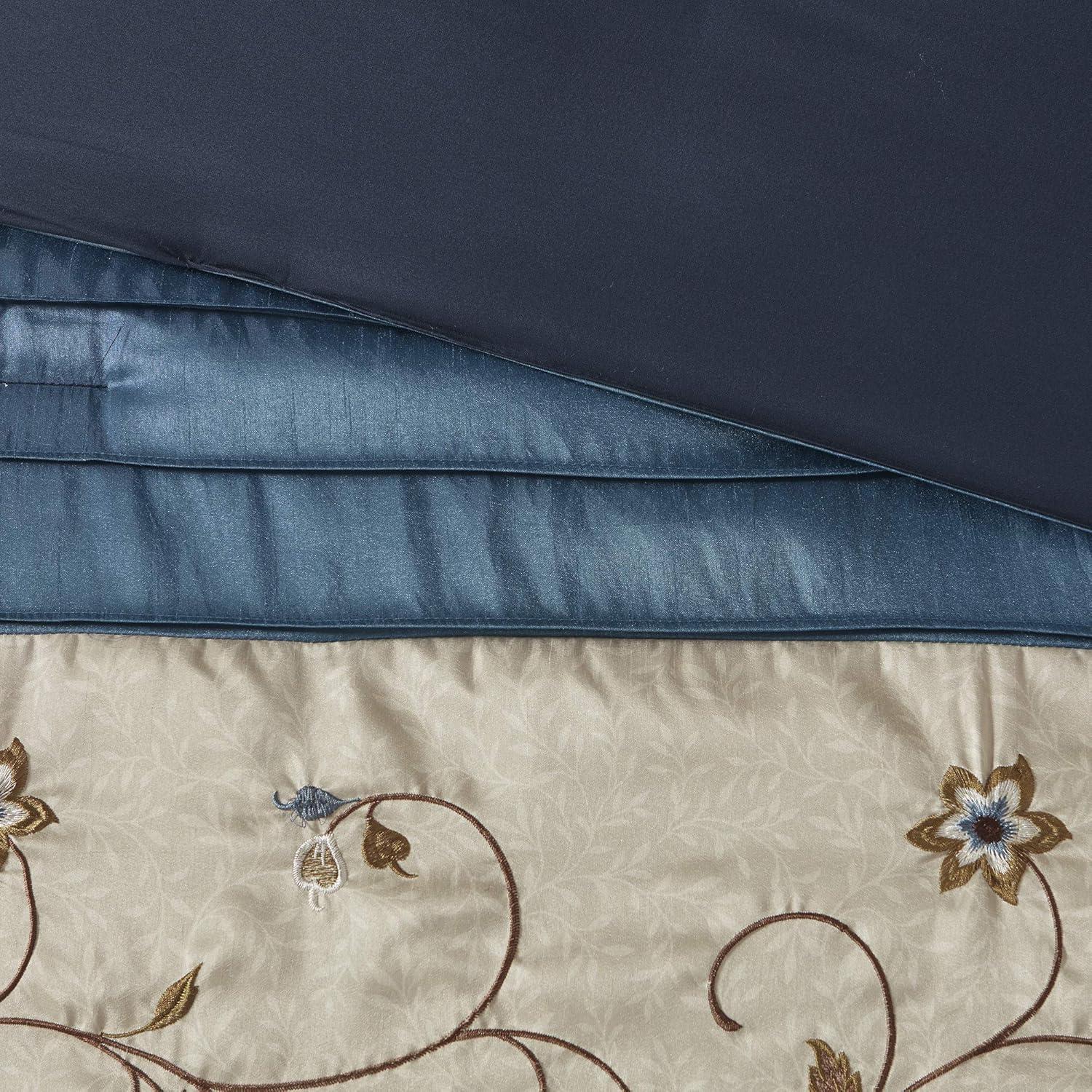 imageMadison Park Serene Faux Silk Comforter Set Floral Embroidery Design All Season Bedding Set Matching Bed Skirt Decorative Pillows Red Queen90quotx90quot 7 PieceNavy