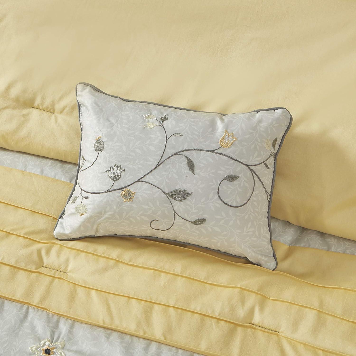 imageMadison Park Serene Faux Silk Comforter Set Floral Embroidery Design All Season Bedding Set Matching Bed Skirt Decorative Pillows Red Queen90quotx90quot 7 PieceYellow