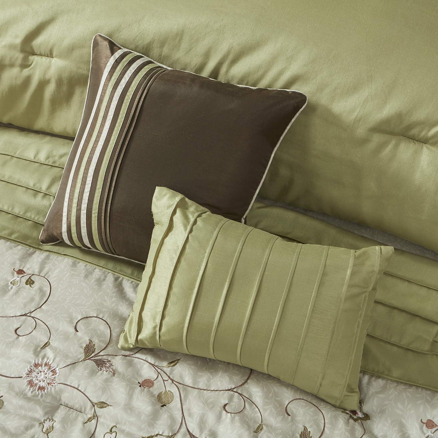 imageMadison Park Serene Faux Silk Comforter Set Floral Embroidery Design All Season Bedding Set Matching Bed Skirt Decorative Pillows Red Queen90quotx90quot 7 PieceGreen