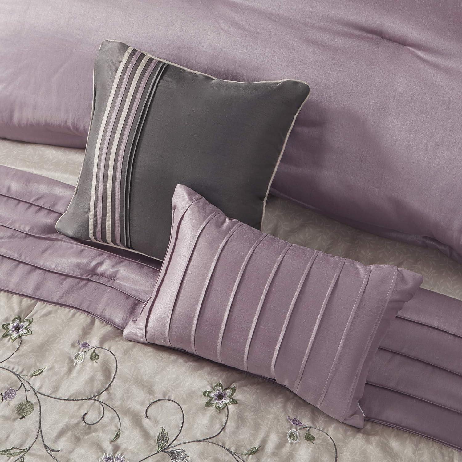 imageMadison Park Serene Faux Silk Comforter Set Floral Embroidery Design All Season Bedding Set Matching Bed Skirt Decorative Pillows Red Queen90quotx90quot 7 PiecePurple