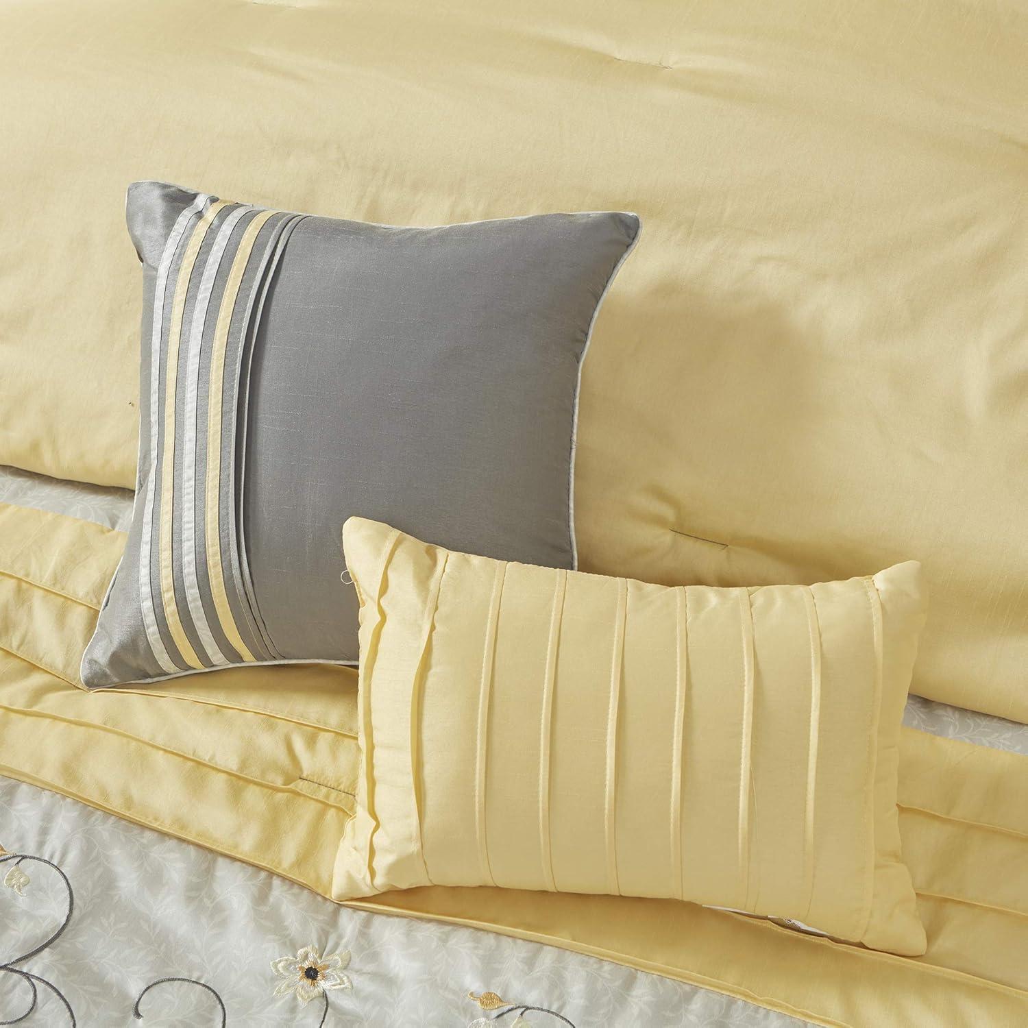 imageMadison Park Serene Faux Silk Comforter Set Floral Embroidery Design All Season Bedding Set Matching Bed Skirt Decorative Pillows Red Queen90quotx90quot 7 PieceYellow