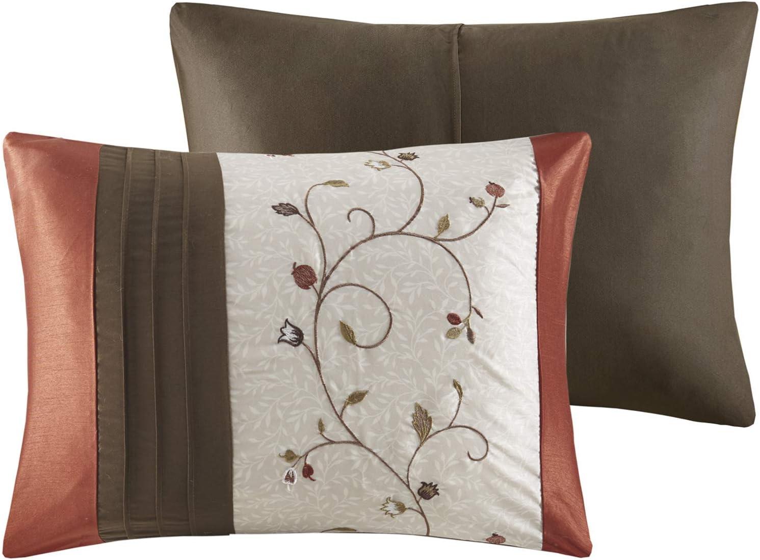 imageMadison Park Serene Faux Silk Comforter Set Floral Embroidery Design All Season Bedding Set Matching Bed Skirt Decorative Pillows Red Queen90quotx90quot 7 PieceSpice