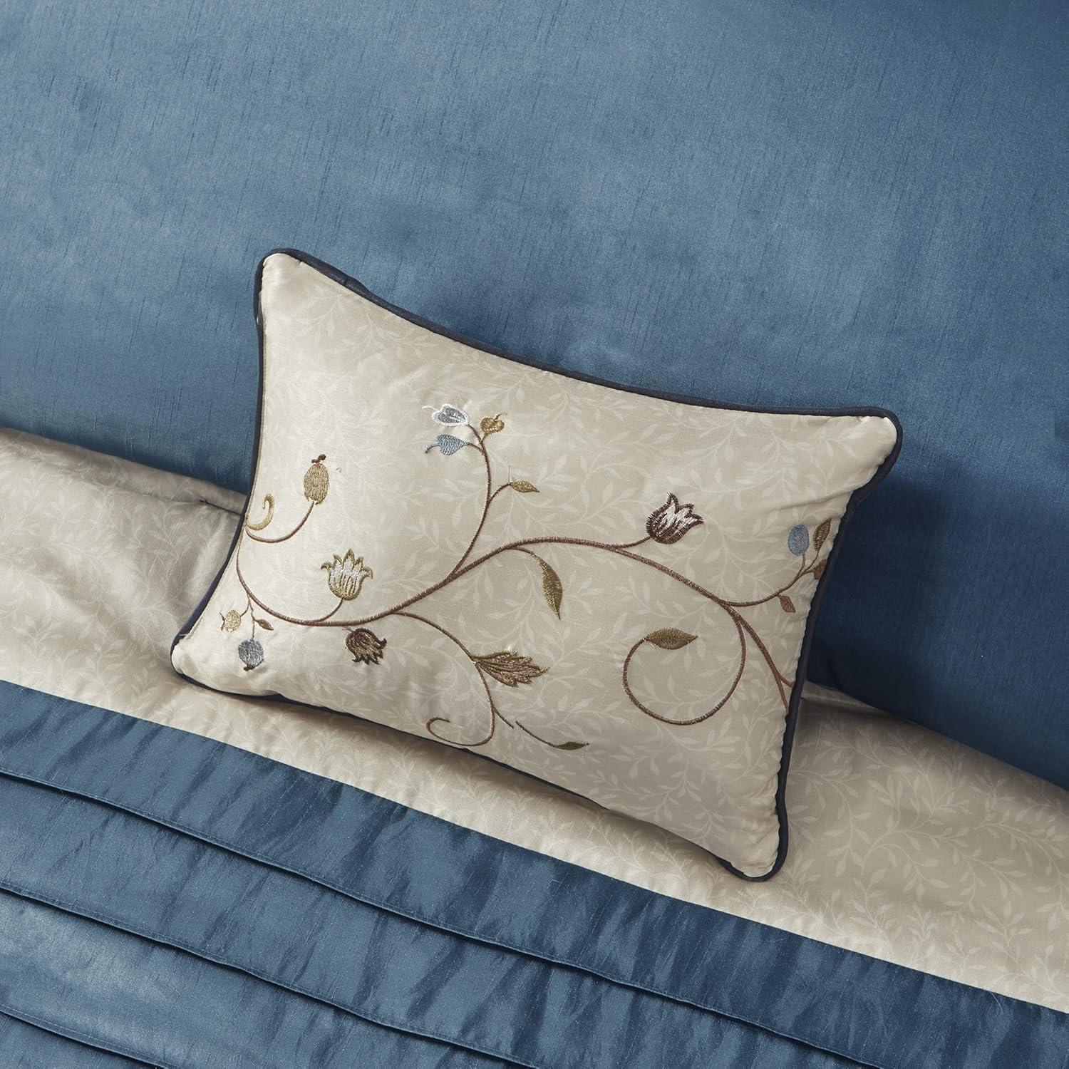 imageMadison Park Serene Faux Silk Comforter Set Floral Embroidery Design All Season Bedding Set Matching Bed Skirt Decorative Pillows Red Queen90quotx90quot 7 PieceNavy